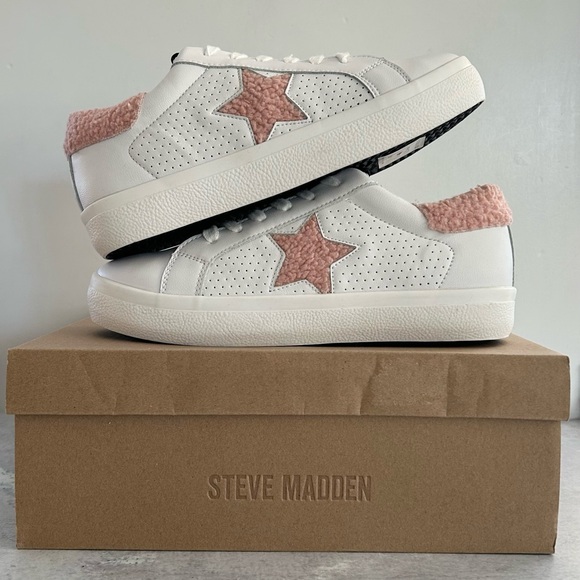 STEVE MADDEN NY90 Sherpa Star Low Top Sneakers, White/Pink 9 NWT,mnbvvcxz - Picture 2 of 10